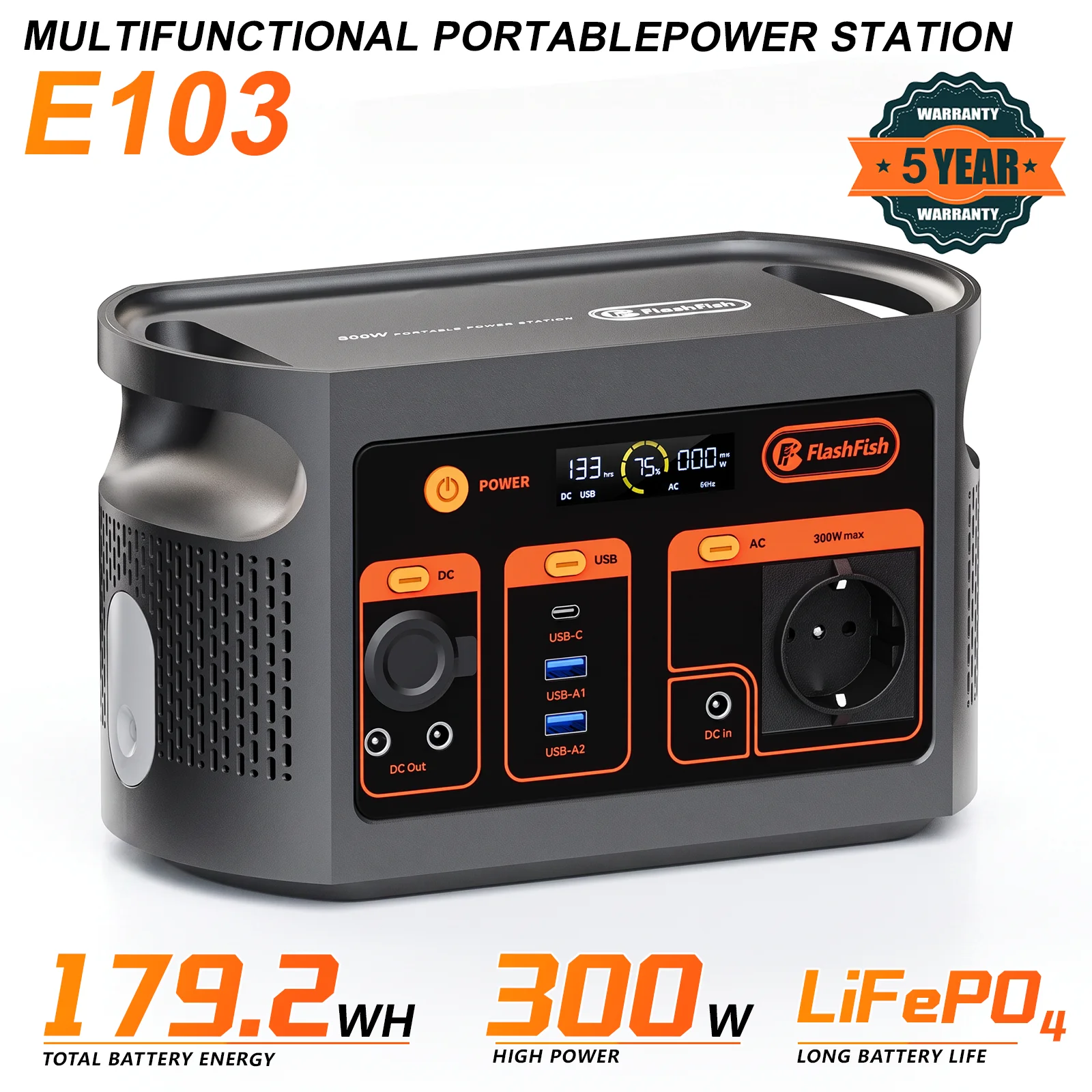 E103 LiFePO4 Portable Power Station 300W Continuous 600W Peak, 179.2Wh 56000mAh Solar Generator, 60W Type C Fast Charge, Wireless Charger LED Light, 12-30V Solar Input for Camping RV Home Emergency Backup
