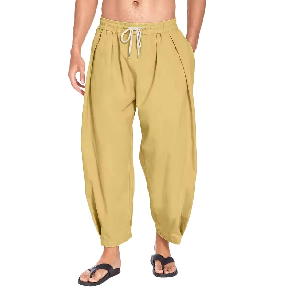 Men'S Casual Pants Relaxed Fit Male Casual Solid Pant Woven Wide Leg Pant Pleated Pocket Drawstring Pant Spodnie Dresowe MęSkie