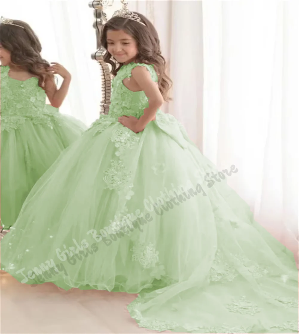 Pink Girl's Birthday Dress with Puffy Train Ribbon Bow Applique Hosting Celebrity Events Children's First Communion Dress