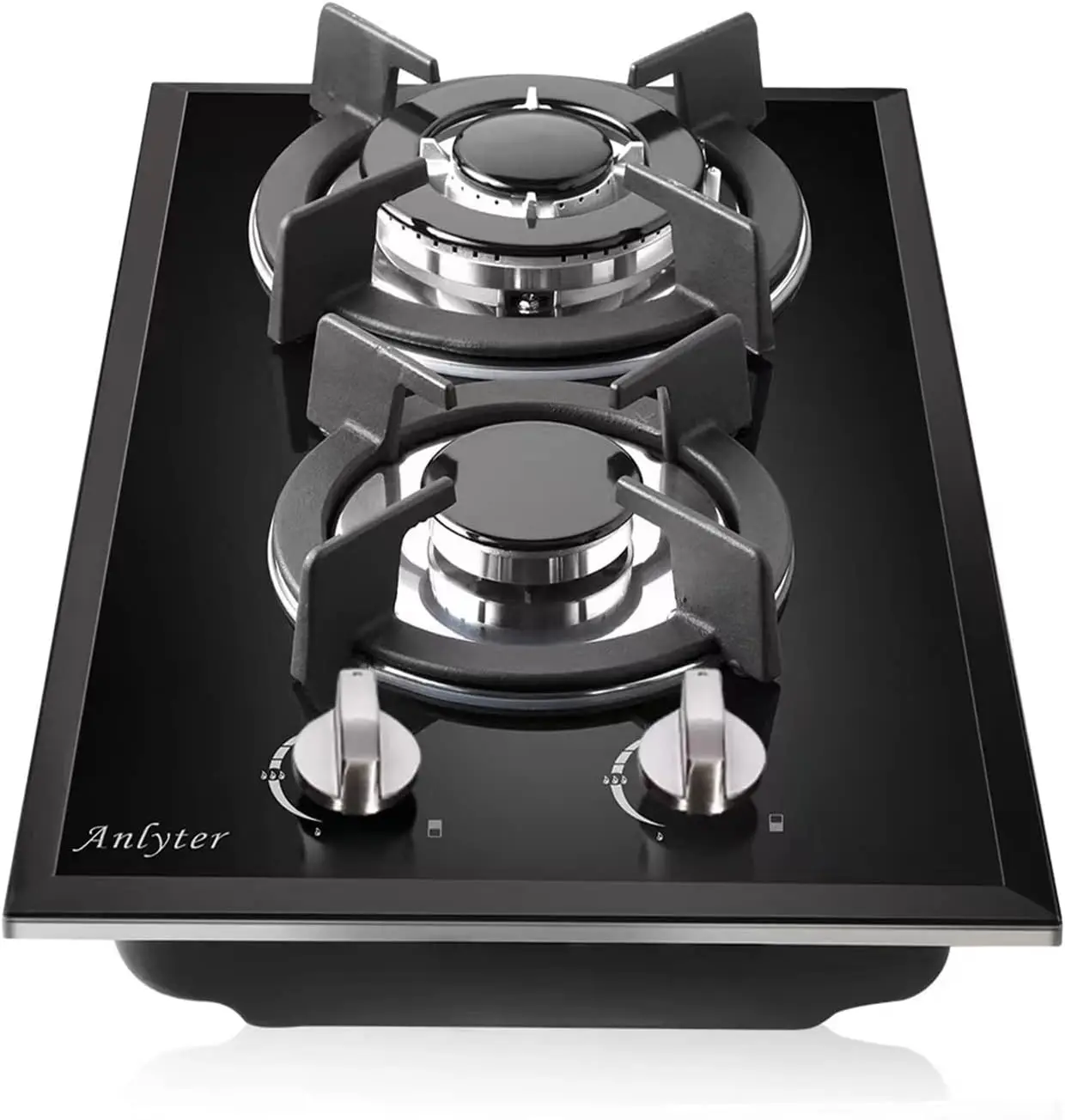 موقد غاز 12 بوصة، 2 شعلة مدمجة من الزجاج المقسى المسال غاز البترول المسال / الغاز الطبيعي المضغوط قابلة للتحويل مزدوجة الوقود مختومة - أسود #1