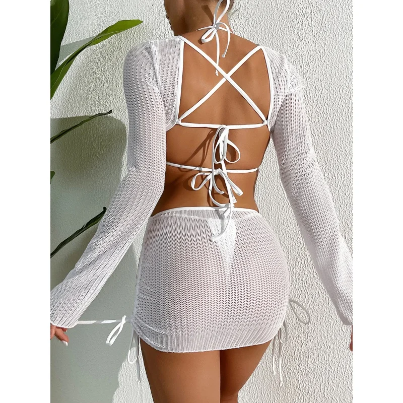 Huludao Swimsuit for Women2024New Hollow out Strap Blouse Sun Protection Beach Swimsuit Bikini Three-Piece Set