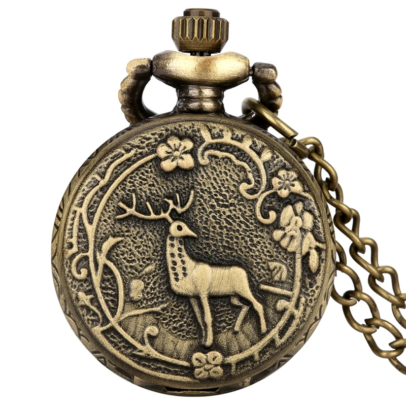 Bronze Lovely Longhorn Elk Animal Quartz Vintage Pocket Watch Necklace Long Horn Deer Pendant Jewelry Chain Engraved Watches