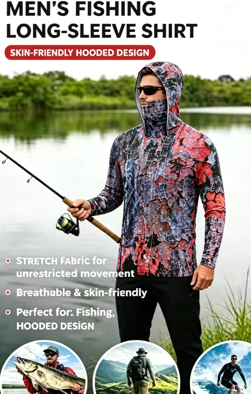 Camisa de Pesca Masculina de Manga Longa com Capuz e Máscara, Roupa de Proteção para Caminhada, Camiseta UPF 50+, Camisa de Time para Pesca