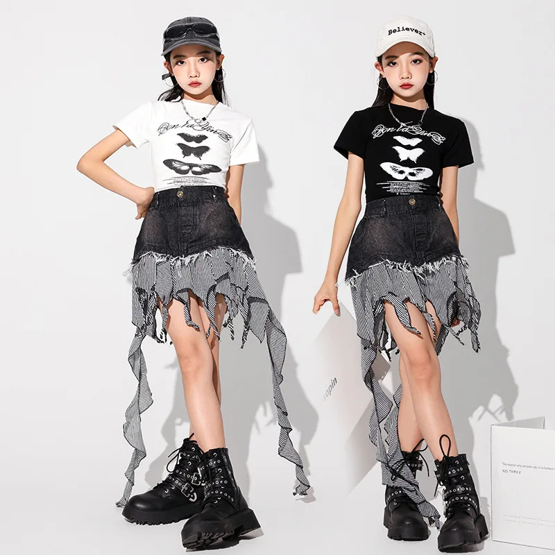 Girls Hip Hop Dance Costume Children Butterfly Printing T shirt Denim Bat Skirt Kids Jazz Street Performance Clothes