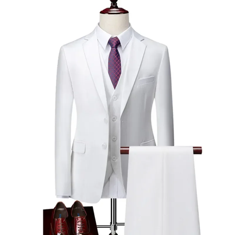 Men Business 3 Pcs Suit Vest Pants Sets / Male Groom Wedding Banquet Solid Color Large Size Brand Blazers Jacket Coat Trousers