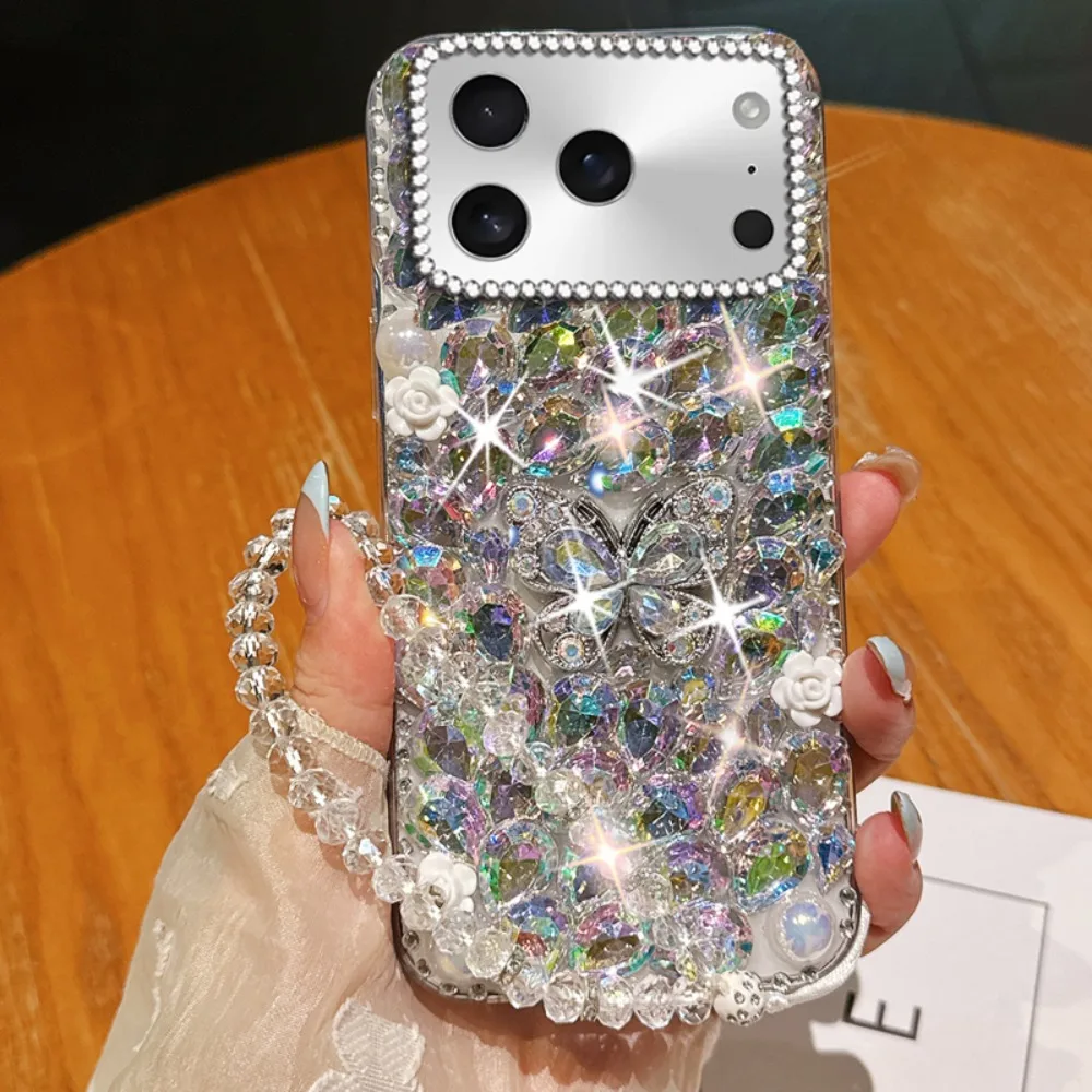 Glitzernde Schmetterling-Handyhülle mit Strass für iPhone 18 17 16 Pro Max 15 14 13 12 11 Pro Diamant-Rückseite Kristall-Lanyard – Detail 2