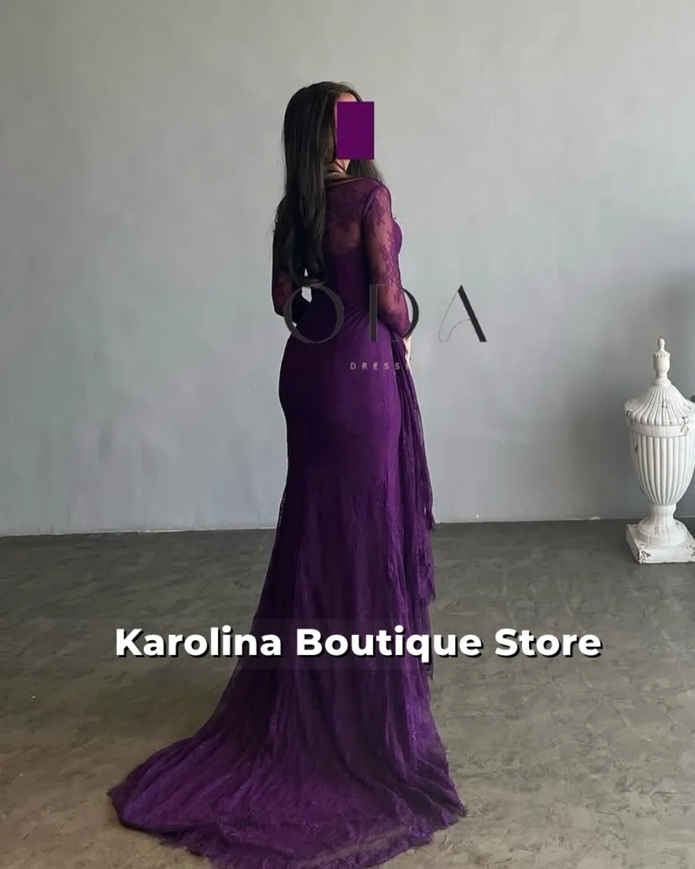 Women Elegant Solid Bodycon Maxi Evening Dress Purple Lace Long Sleeve Lady O-neck Evening Party Vestidos Robe Customized