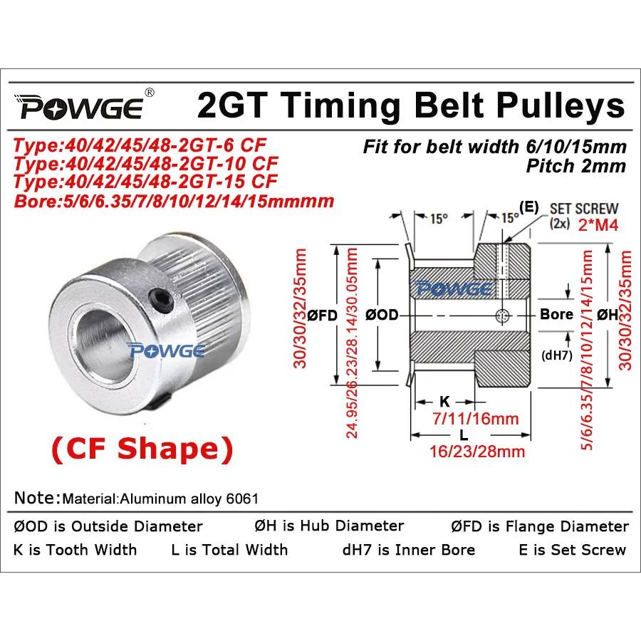 POWGE 40 42 45 48 teeth 2MGT 2GT Timing Pulley Bore 5/6/8/10/12/14mm for belt width 6/10/15mm 40T 42T 45T 48T 40Teeth 48teeth