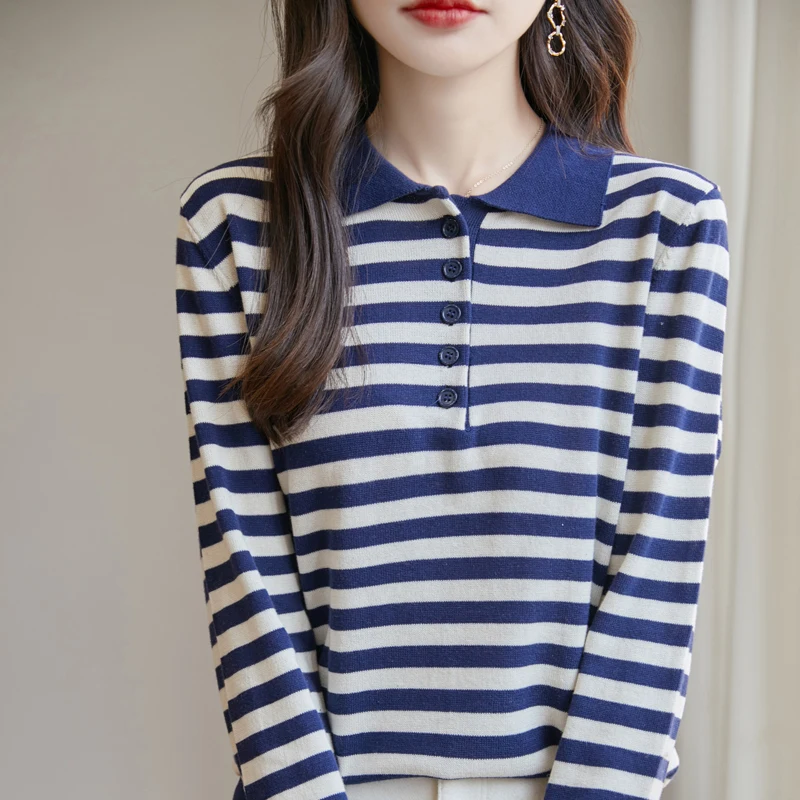 Fashion Lapel Button Spliced Striped Polo Shirts Female Clothing 2024 Autumn Winter New Loose Korean Tops Casual Tee Shirt