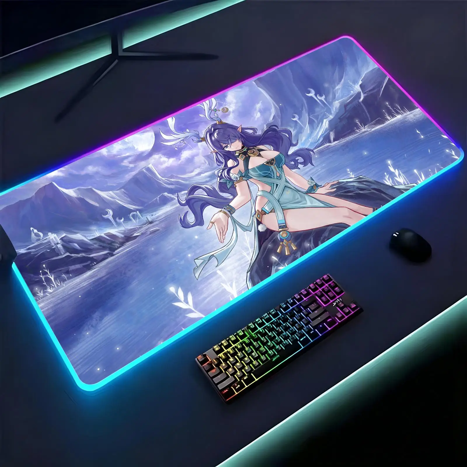 Large RGB backlit esports gaming mouse pad, Genshin Impact Lauma smooth soft cloth surface, LED luminous extended desk mat