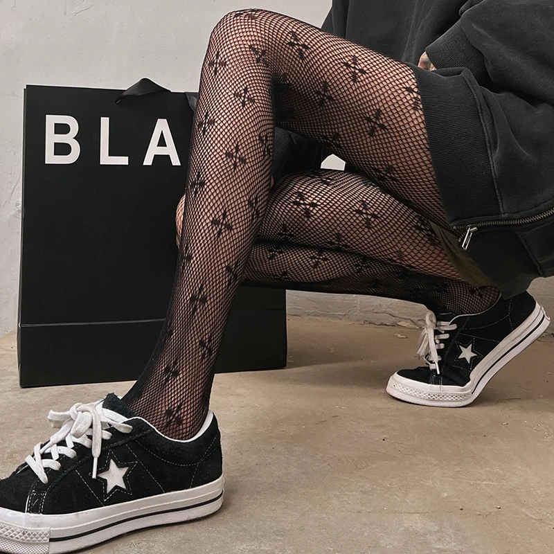 Women Girls Goth Punk Sexy Sweet Clover Fishnet Pantyhose Stockings Harajuku Cross Pattern Tights Large size Mesh Socks Leggings