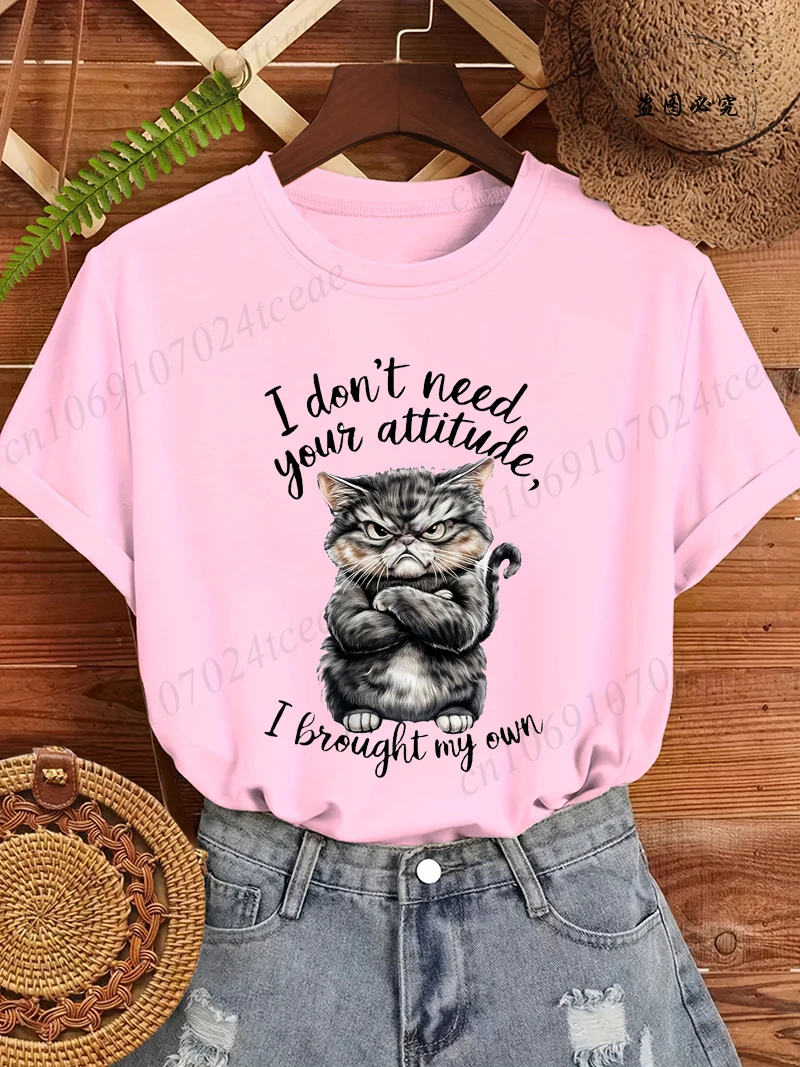 I Don't Need Your Attitude Print Women's Tee Clothing, Funny Angry Cat Quote Women T-Shirts Top,short Sleeve Tee Shirts Clothing