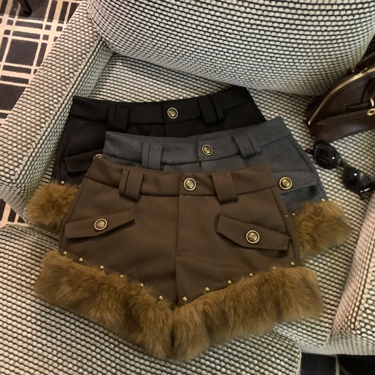 Women's Autumn Winter Faux Fur Hem Shorts Lady Streetwear Solid Color Fluffy Short Pants