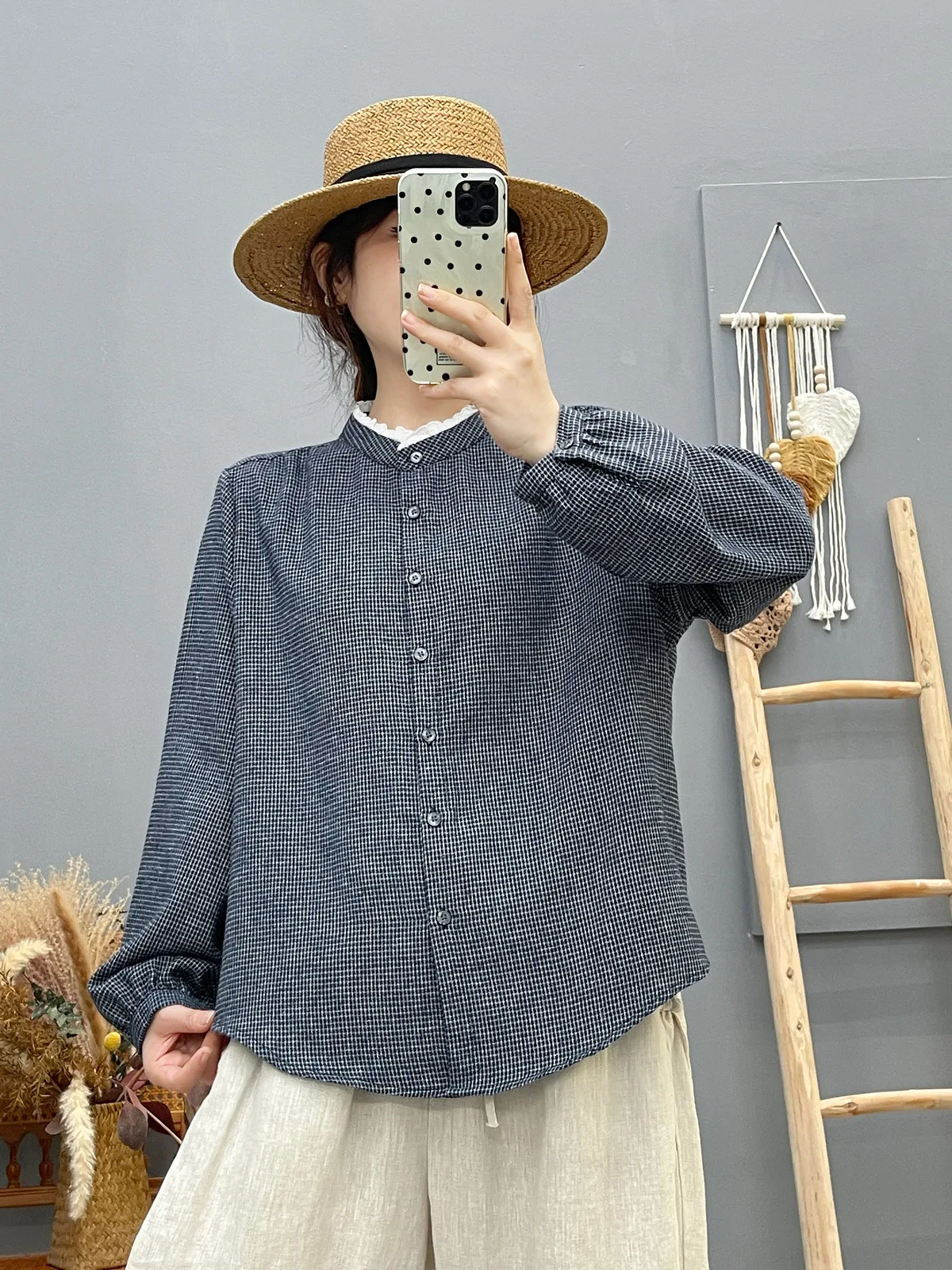 Novo 2025 outono algodão manga longa camisa escovada, feminino suporte xadrez babados, mori menina moda ol casual blusa solta t58979cc