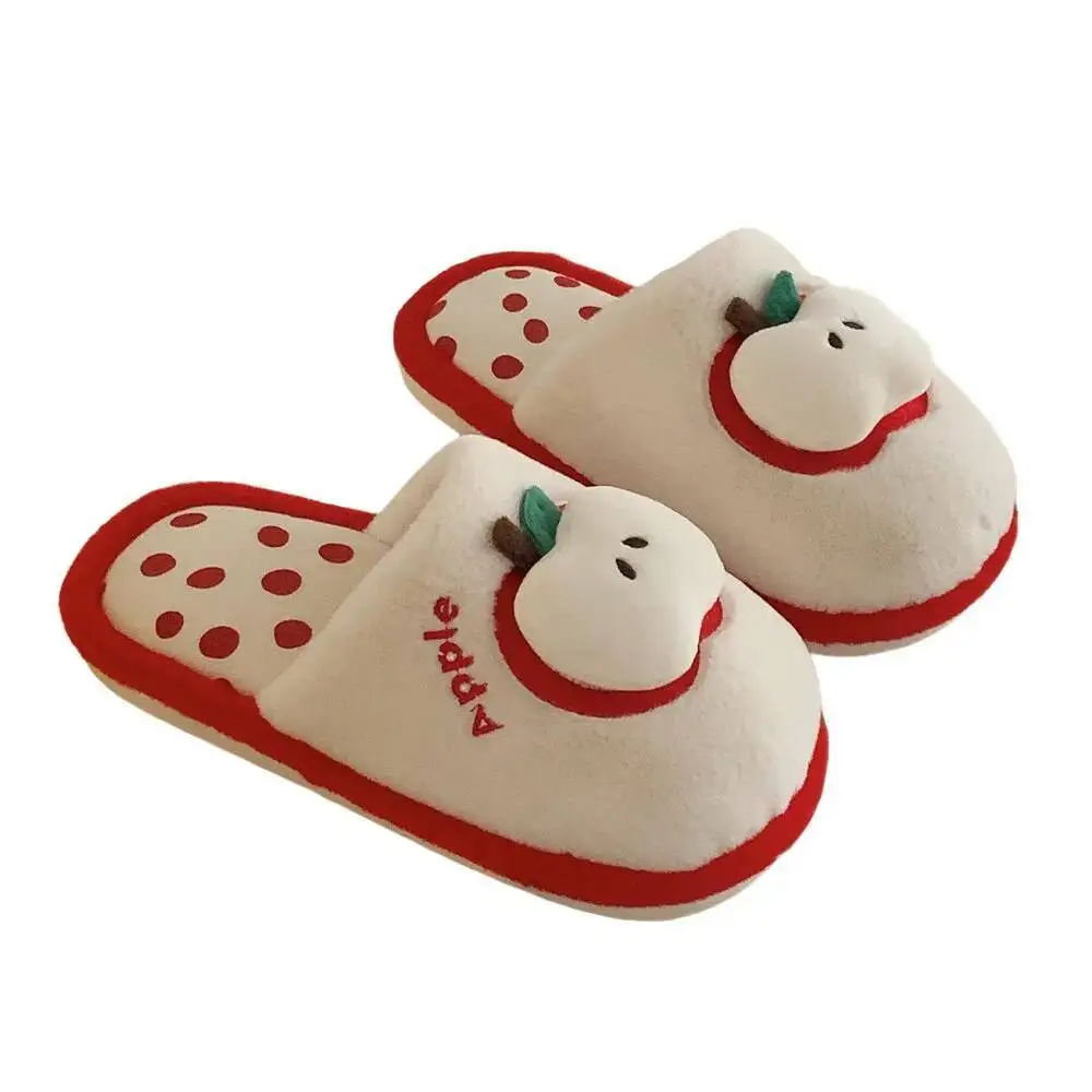 Winter Home Slippers Women New Cute Apple Closed Toe Furry Slippers Women's Warm Anti Slip Indoor Household Cotton Slippers