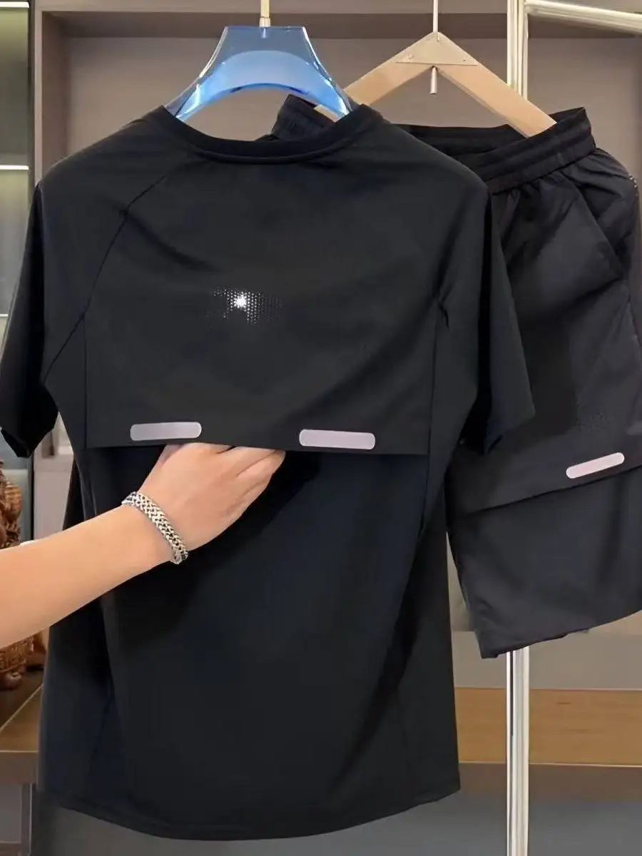 

Ice Silk Me Sports Set Men's Casual Elastic Qui Dry Breathable Summer Cool ort Sve Five-Point Pants Two-Piece Set