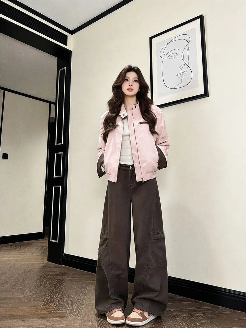 Korean Style Color Block Long Sleeve Loose Fit Stand Collar Jacket Women's Autumn New High End Sensation Beautiful Top