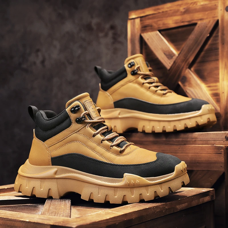 

Big Yellow Boots High-Top Boots: Autumn Men's Genuine Leather Shoes, 2024 New Inner Height-Increasing Stylish Thickened Sole Wor