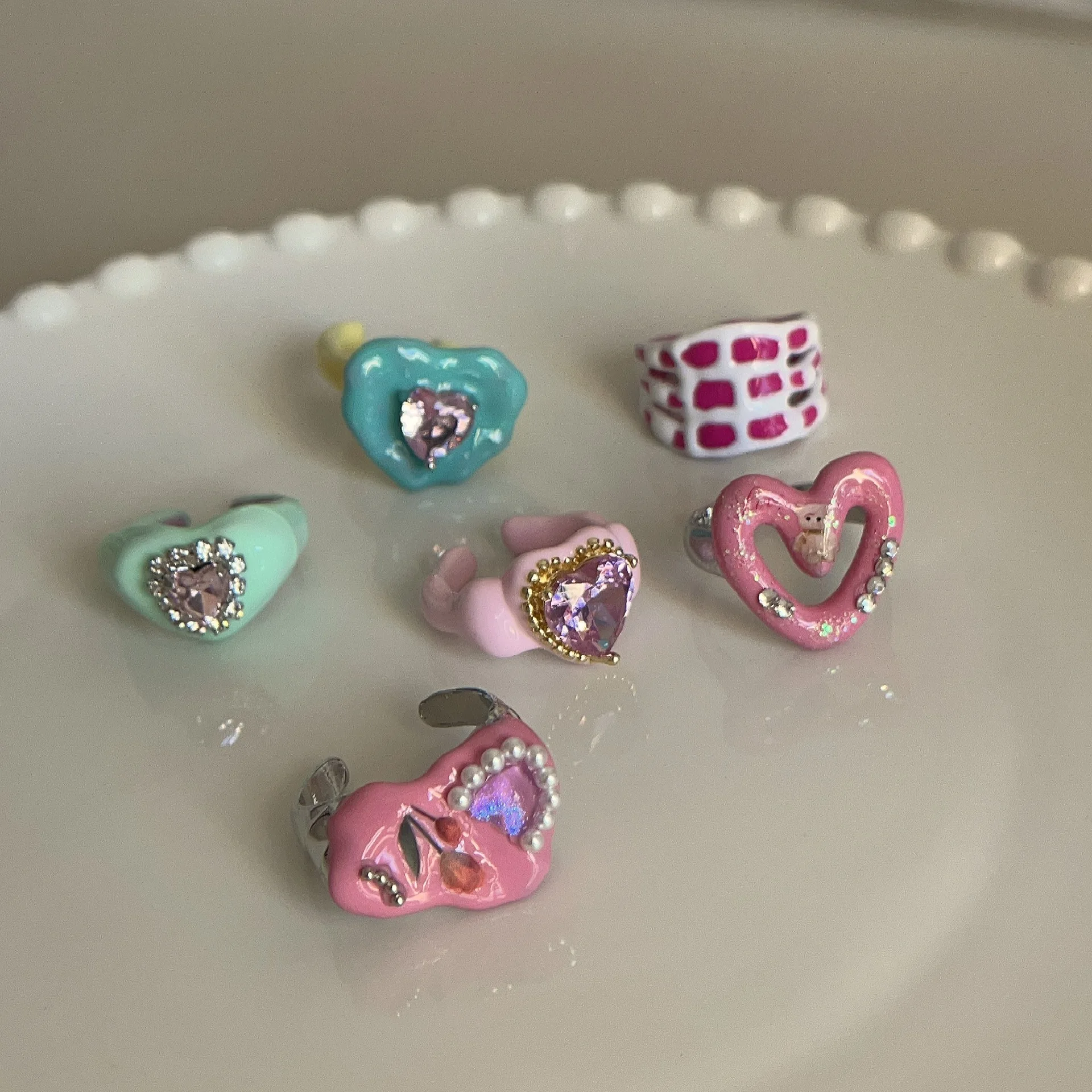 Y2K Pink Enamel Ring Set Cute Heart Butterfly Checkered Finger Rings For Women Trendy Colorful Drip Oil Aesthetic Party Jewelry