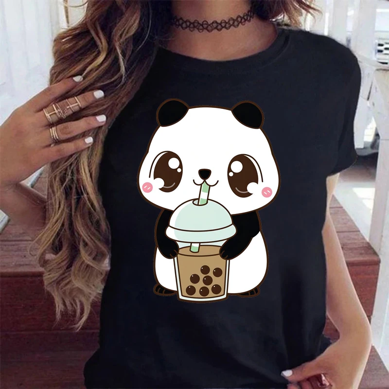 Maycaur Cute T Shirts Women Streetwear Panda Graphic Tees Fashion Milk Tea Printed Women Tops Funny Vintage Casual Female Tshirt