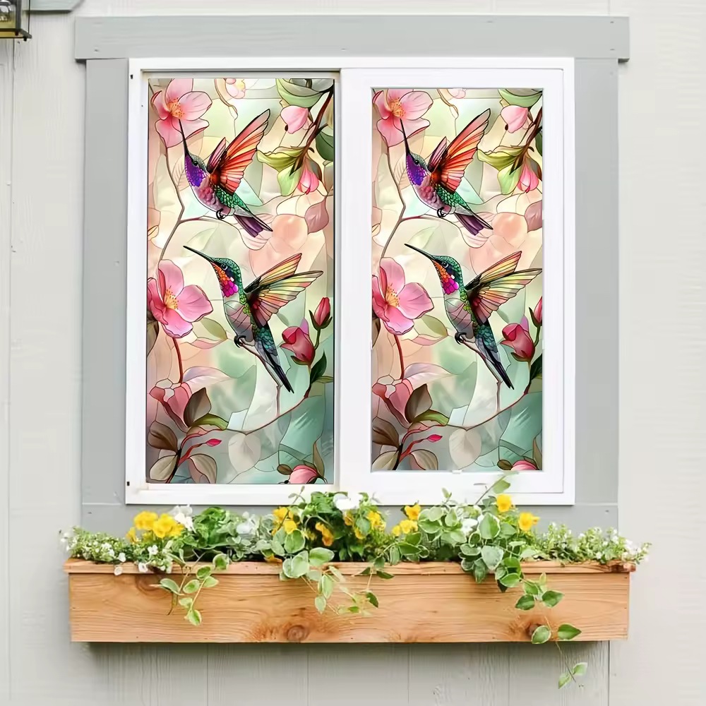 Hummingbird Flower Glass Window Electrostatic Stickers Anti-collision Living Room Decoration Non Adhesive Glass Privacy Sticker