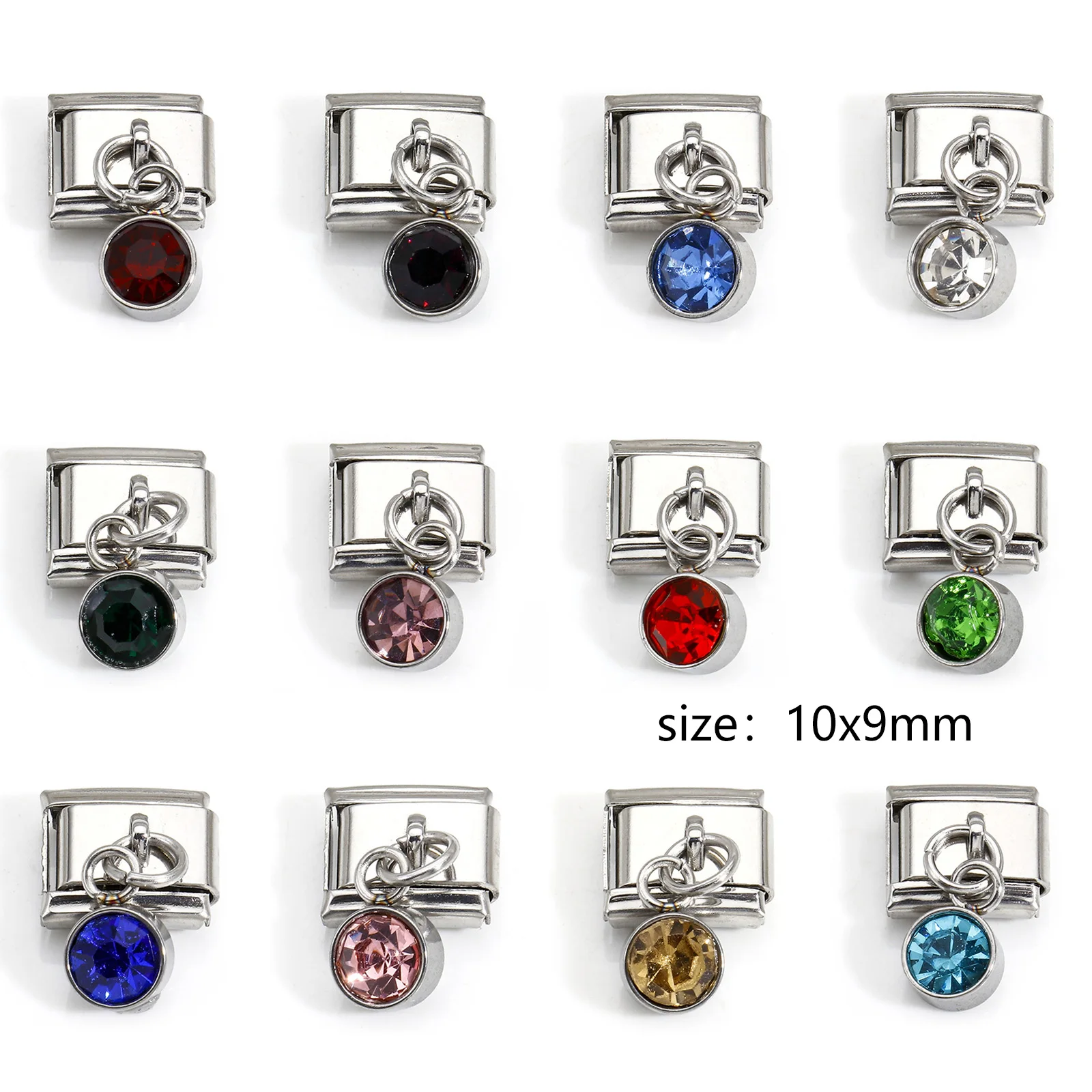 1pc New Stainless Steel Birthstone Italian Charm Links Rectangle Multicolor Rhinestone For DIY Bracelet Jewelry Making 10mmx9mm