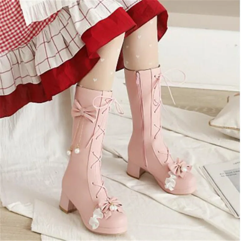 

Fashion Girls Boots Cosplay Princess Mid Long Lolita Boots Women High Heel Pink White Black Ruffles Bowknot Party Shoes 30-43