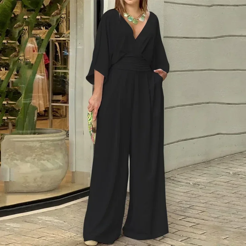 Bat Sleeve Wide Leg Solid Color Simple Temperament Elegant V-neck Women Jumpsuit Fashion Jumpsuit Loose Commuter Women Clothing