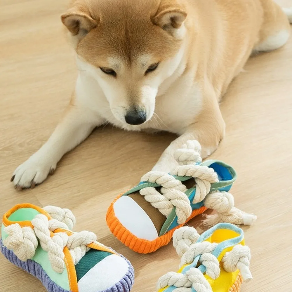 Chewing Vocalize Pet Cotton Rope Slippers with Cotton Rope Oxford Dog Teeth Grinding Slippers Bite Resistant Candy Color