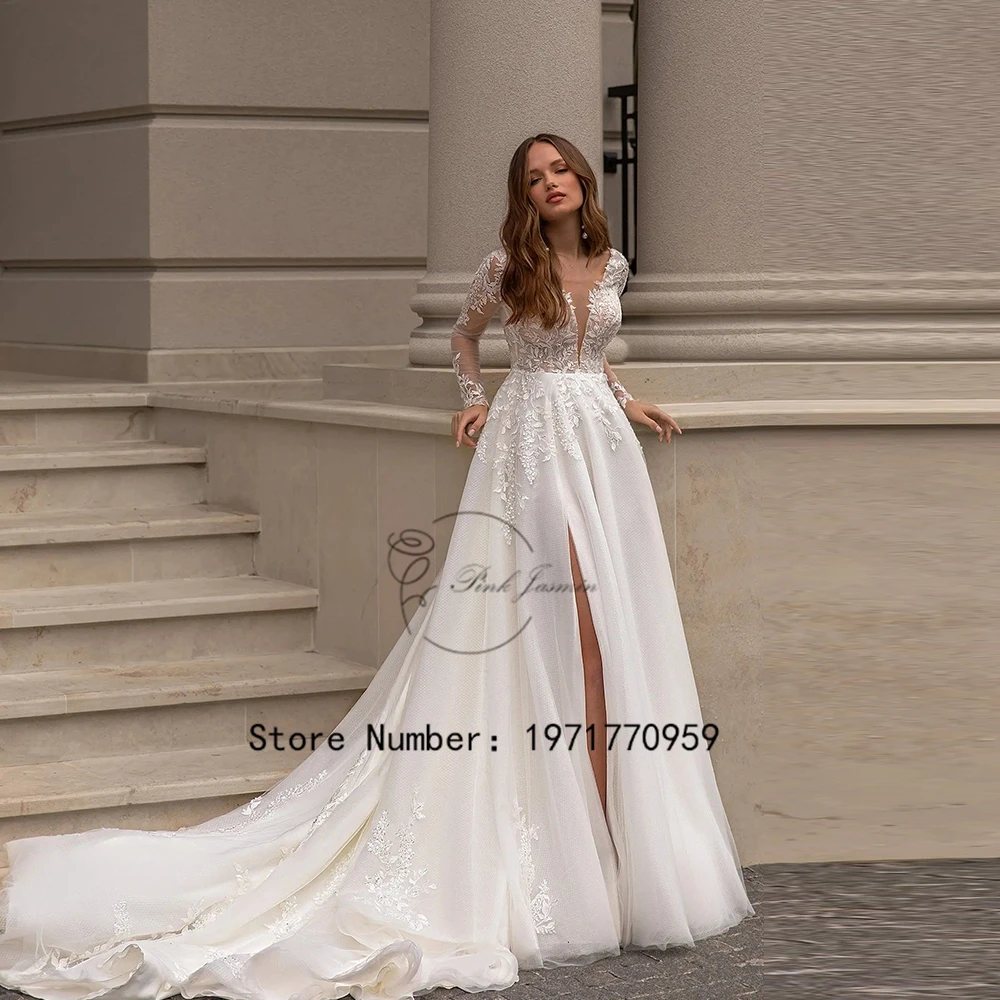 Personalizado requintado decote em v vestidos de casamento mangas compridas apliques vestidos de noiva tule lado alto divisão a linha vestidos de novia