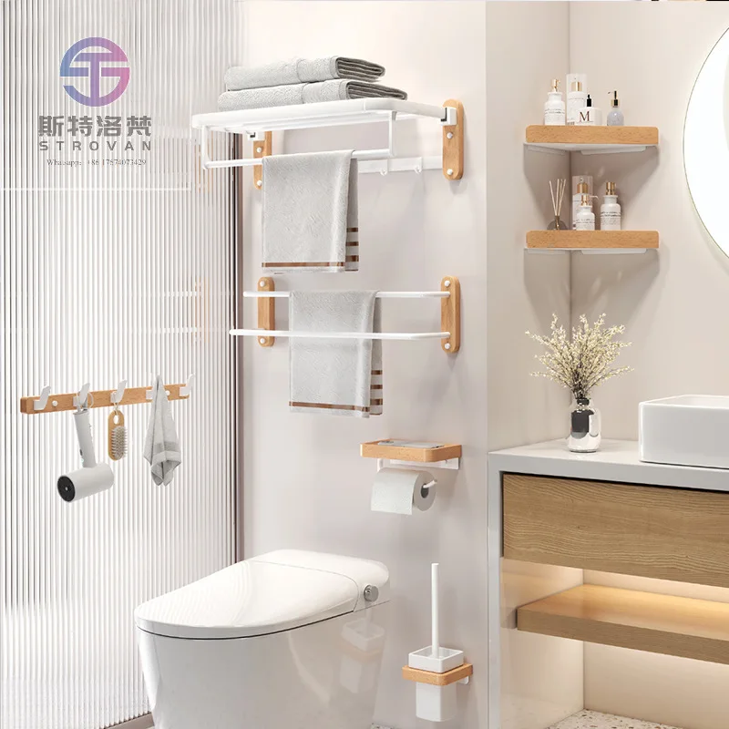 

Wall Mounted Wooden Theme Bathroom Walnut Beech Natural Wood Matte White Accessories Bath Accessories Hardware Sets