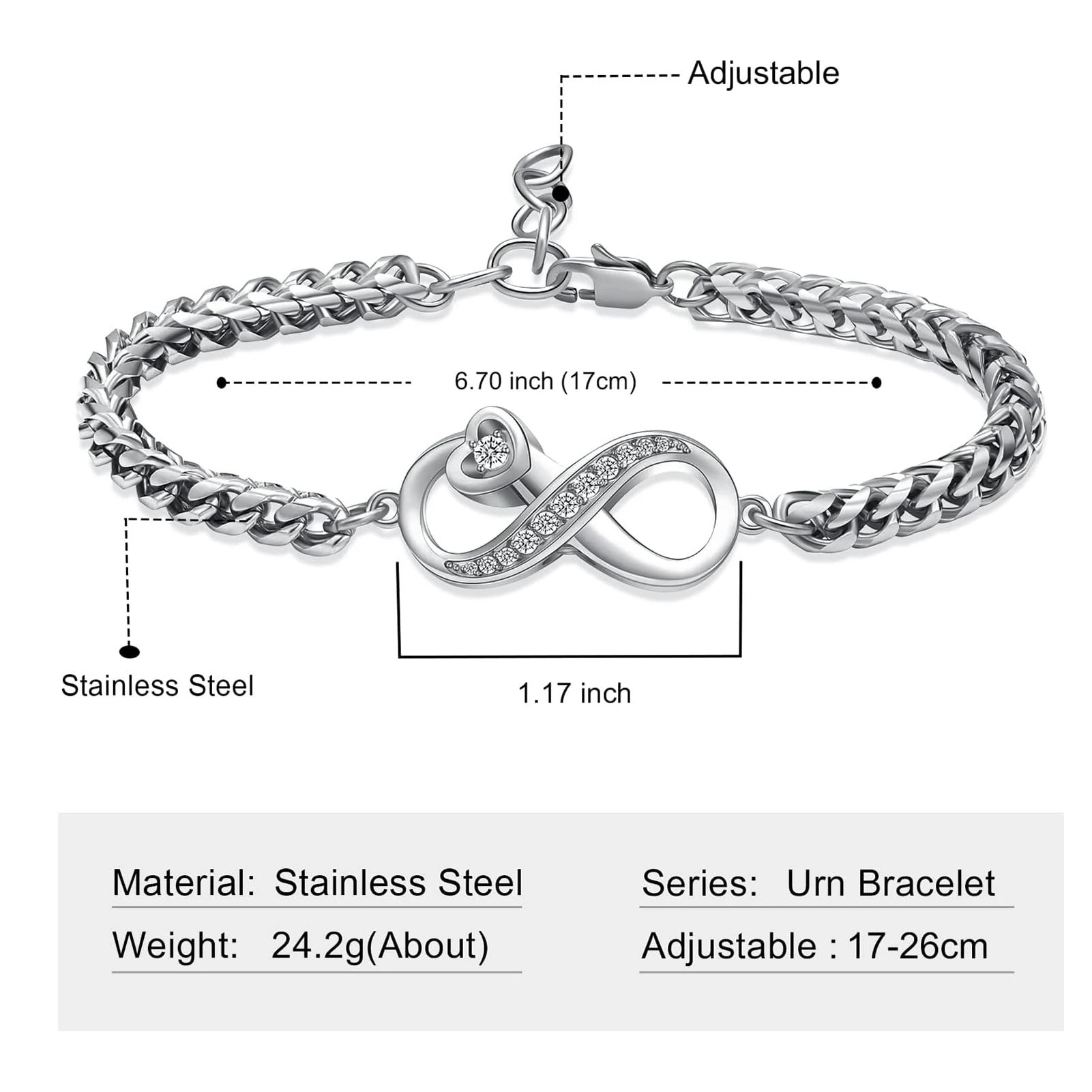 Heart Moebius Trip Shape Infinity Cremation Bracelet Chain for Human Ashes Urn Jewelry Memorial Ashes Bracelet