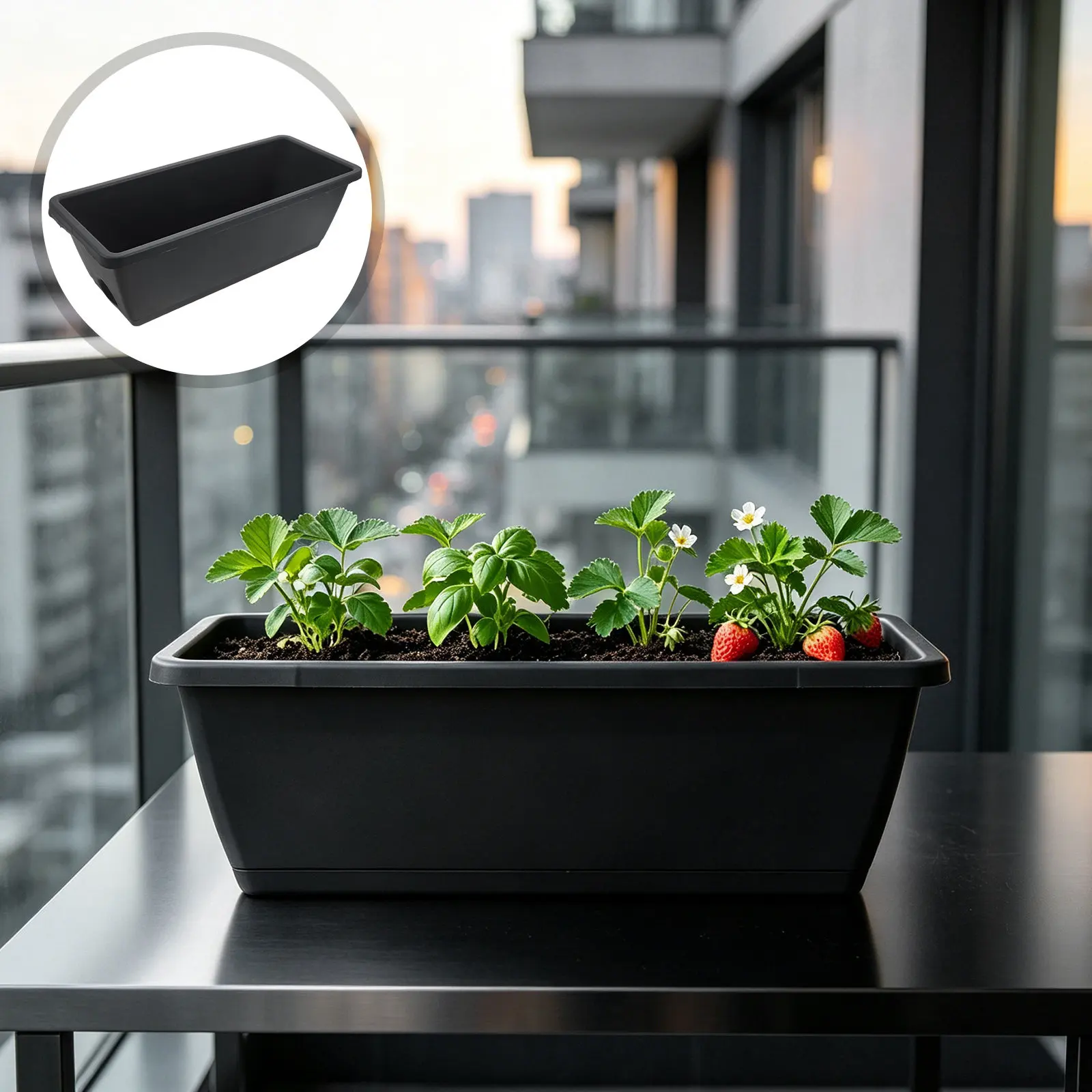 3Pcs Rectangular Window Sill Garden Boxes Resin Planters Dark Grey Bonsai Succulents Flower Pots Drainage Holes Indoor Outdoor
