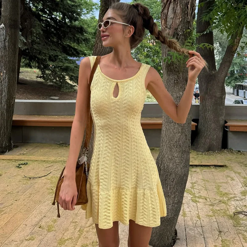 Tornova Sleeveless Mini Knitted Dress For Women Retro Hollow Tanks Dress Sexy Slim Backless Pleated Sweater Dress Female Fashion