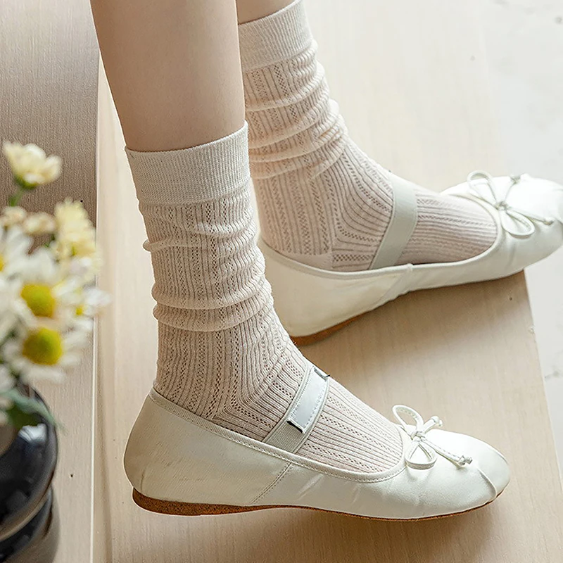 1Pair Women Thin Hollow Out Long Loose Socks Sweet Girls Japanese Solid Color Breathable Cotton Spring Summer Stocking