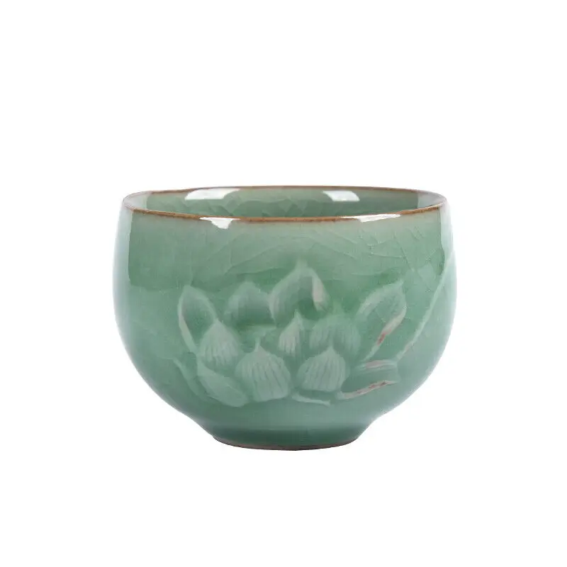 creative tea cup longquan celadon crackle glaze porcelain cup peony relief cups