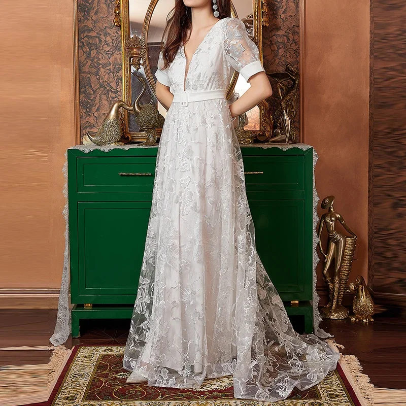 Chic Sexy Deep V-neck Trailing Dress New Elegant Lace Wedding Dress Party Dress Spring Summer Chic Short Sleeved Waist Cinched D