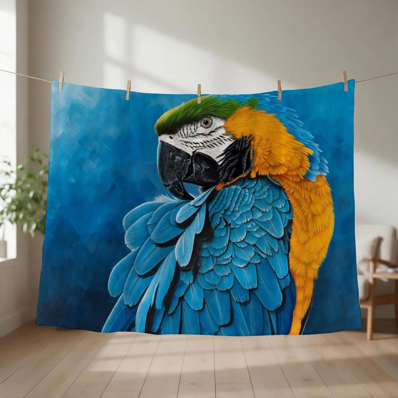 Blue and gold Macaw portrait Throw Blanket couch cozy soft plush fuzzy picnic outdoor blanket
