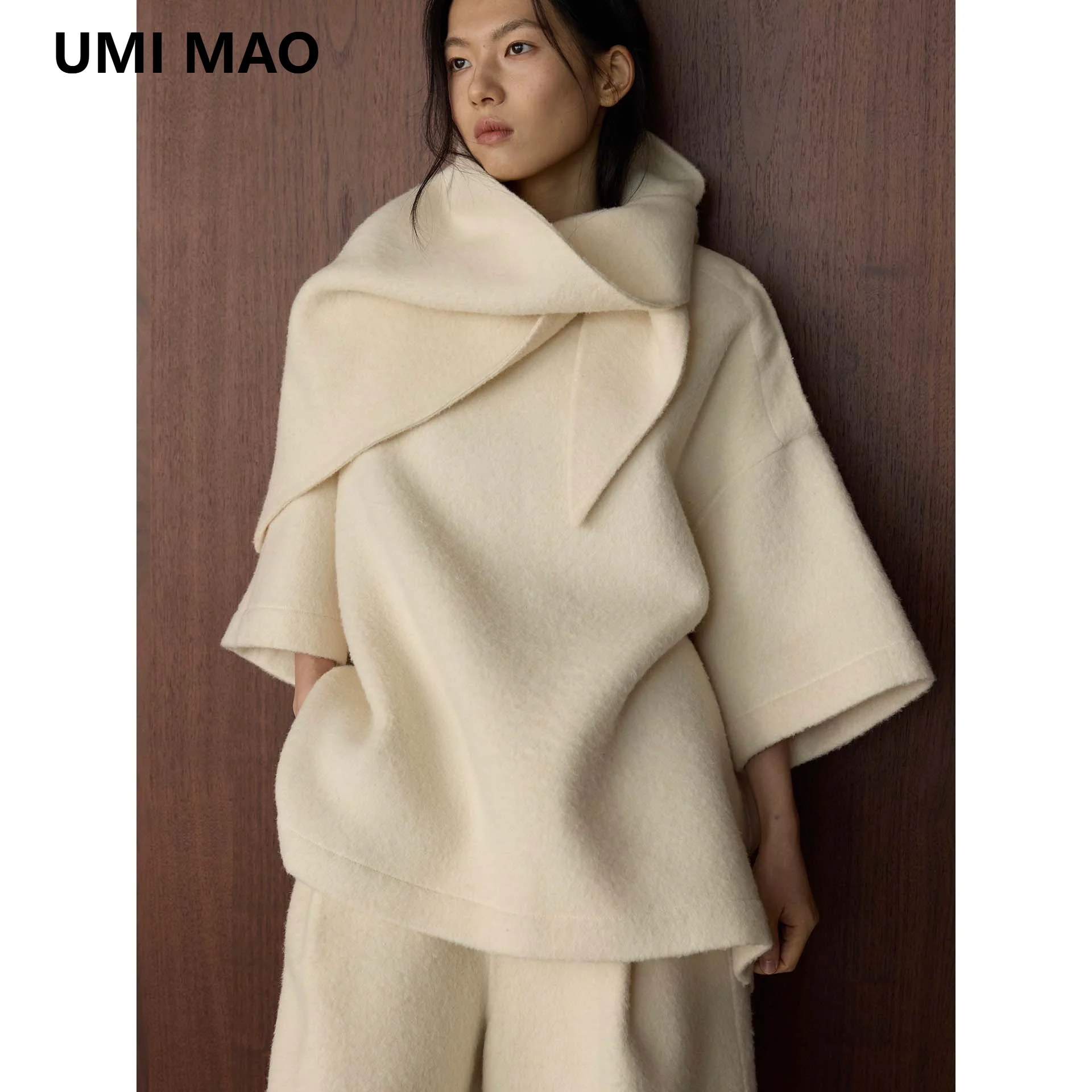 UMI MAO Winter New Korean Fashion Double-Sided Woolen Shoulder Button Design T-Shirt With Shawl Loose Top For Women