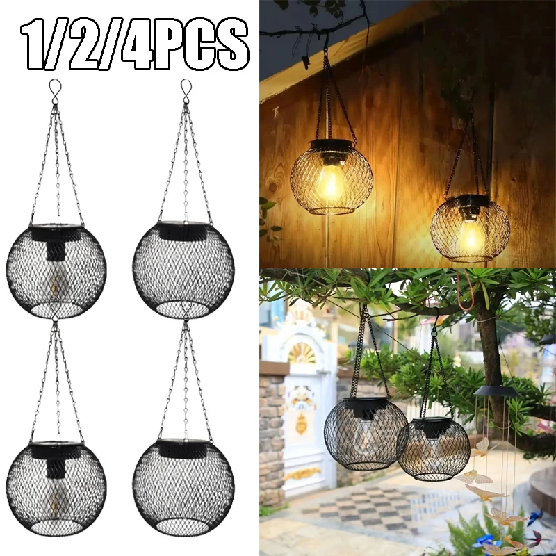 

Solar Retro Hanging Lantern Wrought Iron Garden Light with Hollow Cage Design Outdoor Decorative Pendant for Porch Yard Lighting