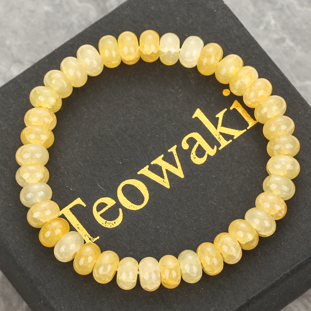 TeoWaki Natural Yellow Jade Crackle Crystal Stretch Bracelet Flat Oval Vein Beads Stackable Daily Jewelry Holiday Best Gift 19cm