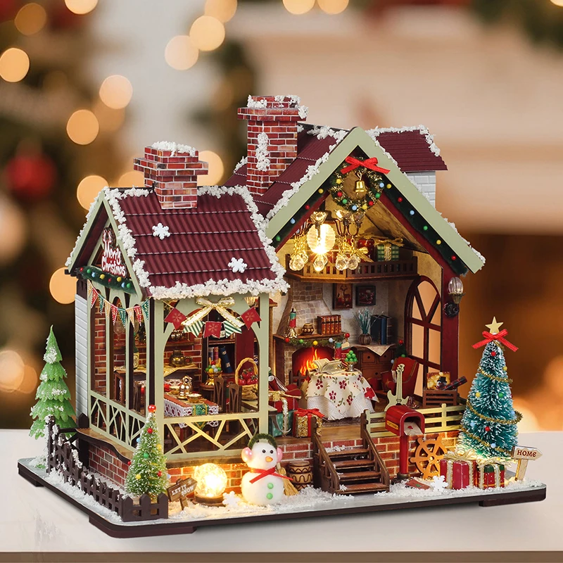 DIY Drewniane Ciepłe Świąteczne Figurki Casa Miniaturki Domek dla Lalek Zmontowane Domki ze Światłami na Prezenty dla Przyjaciół Dekoracje Domu Rękodzieło