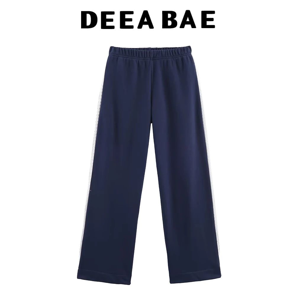 DEEABAE Produk Baru Musim Gugur Setelan Wanita Kerah Tinggi Lengan Panjang Kontras Kerah Tinggi Hoodie Longgar Celana Kaki Lebar