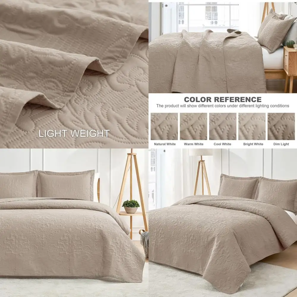 

California King Size Taupe Damask Ultrasonic Summer Bedspread, Soft Lightweight 3-Piece Coverlet Set with Pillow Shams