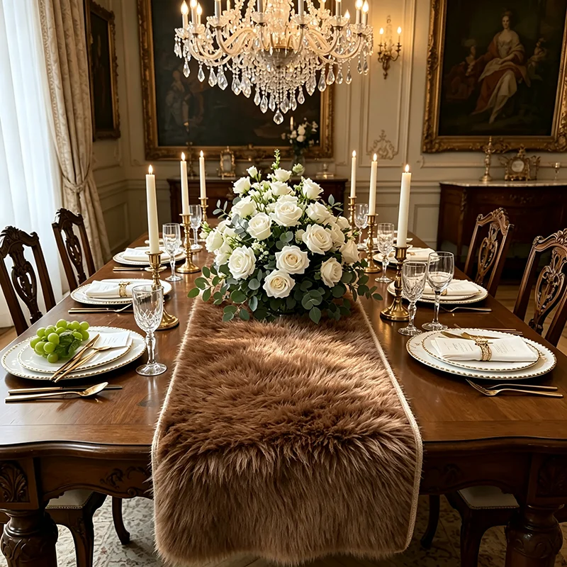 VIKAMA Plush Table Runner Brown Chocolate Soft Faux Fur Fleece for Dining Table Christmas Non Slip Backing Machine Washable Gift