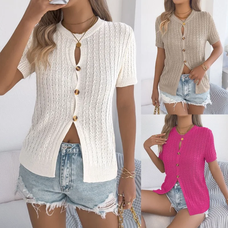 Women Spring Summer Casual Hollow Out Cable Knit Button Short Sleeve Knit Top EU US Style