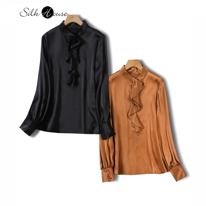 100% Natural Mulberry Silk Plain Satin High-quality Design Sense Long Sleeved Stand Up Collar Women's Fashionable Shirt