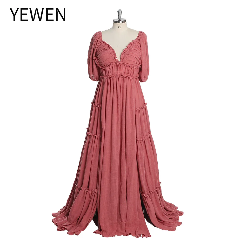 

V Neck Cotton Evening Dresses Half Sleeves Two Side Slit Photo Shoot Dresses Fancy Photography Props YEWEN YW230322