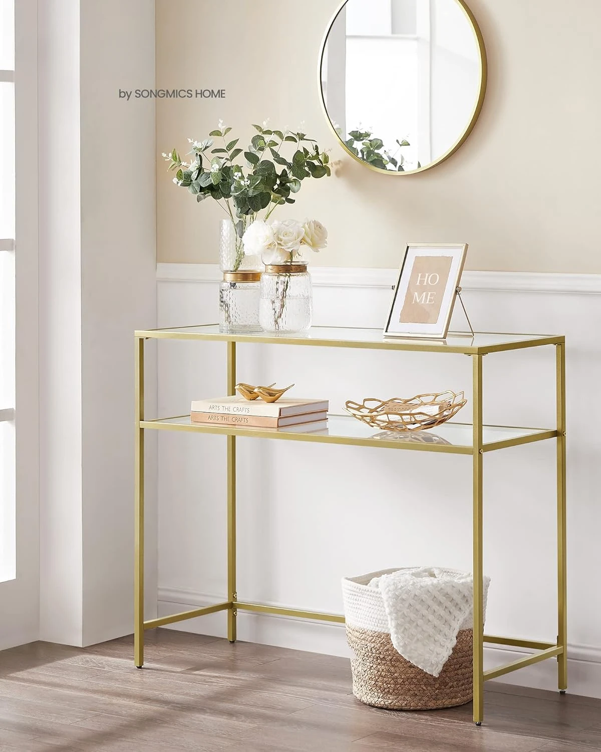 39.4 Inch Console Sofa Table,Entryway Table, Tempered Glass Table, Metal Frame, 2 Shelves, Adjustable Feet, for Living Room,Gold