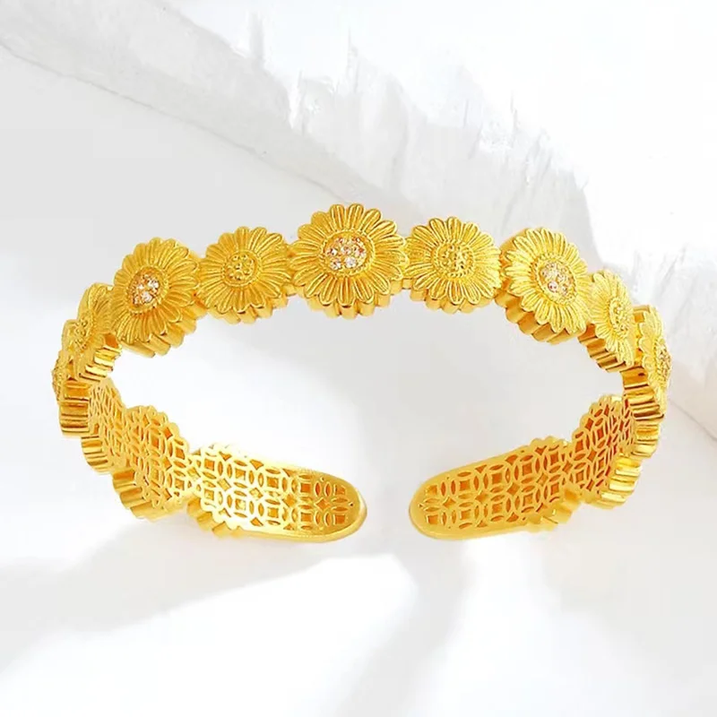 High quality fashionable daisy sunflower AU999 gold open mouth men's and women's bracelet, original design 24K real gold jewelry